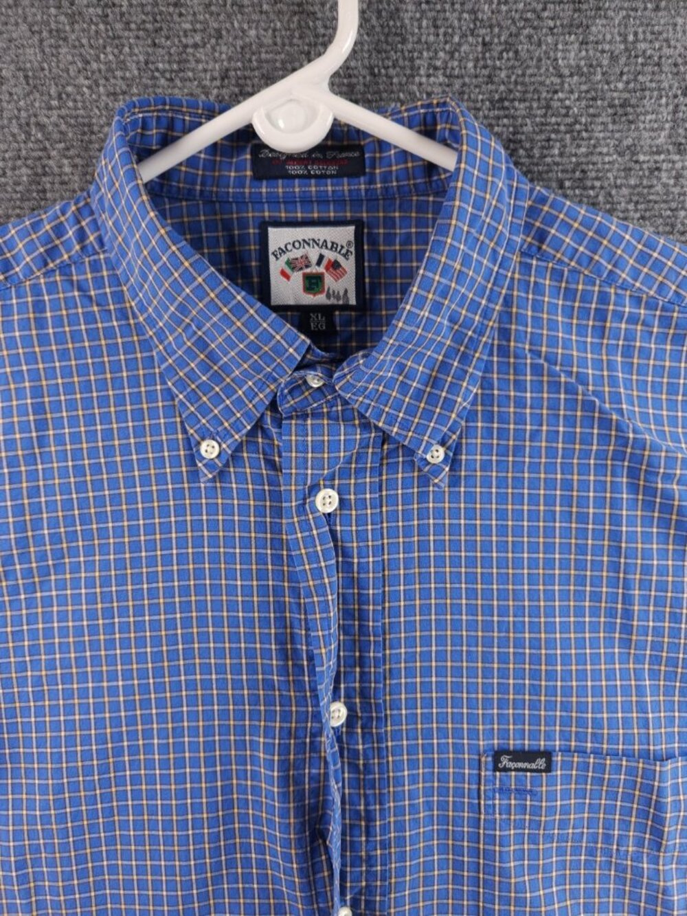 Faconnable Button-Down Cotton Check Blue XL Shirt Mens Pocket Long Sleeve Adult